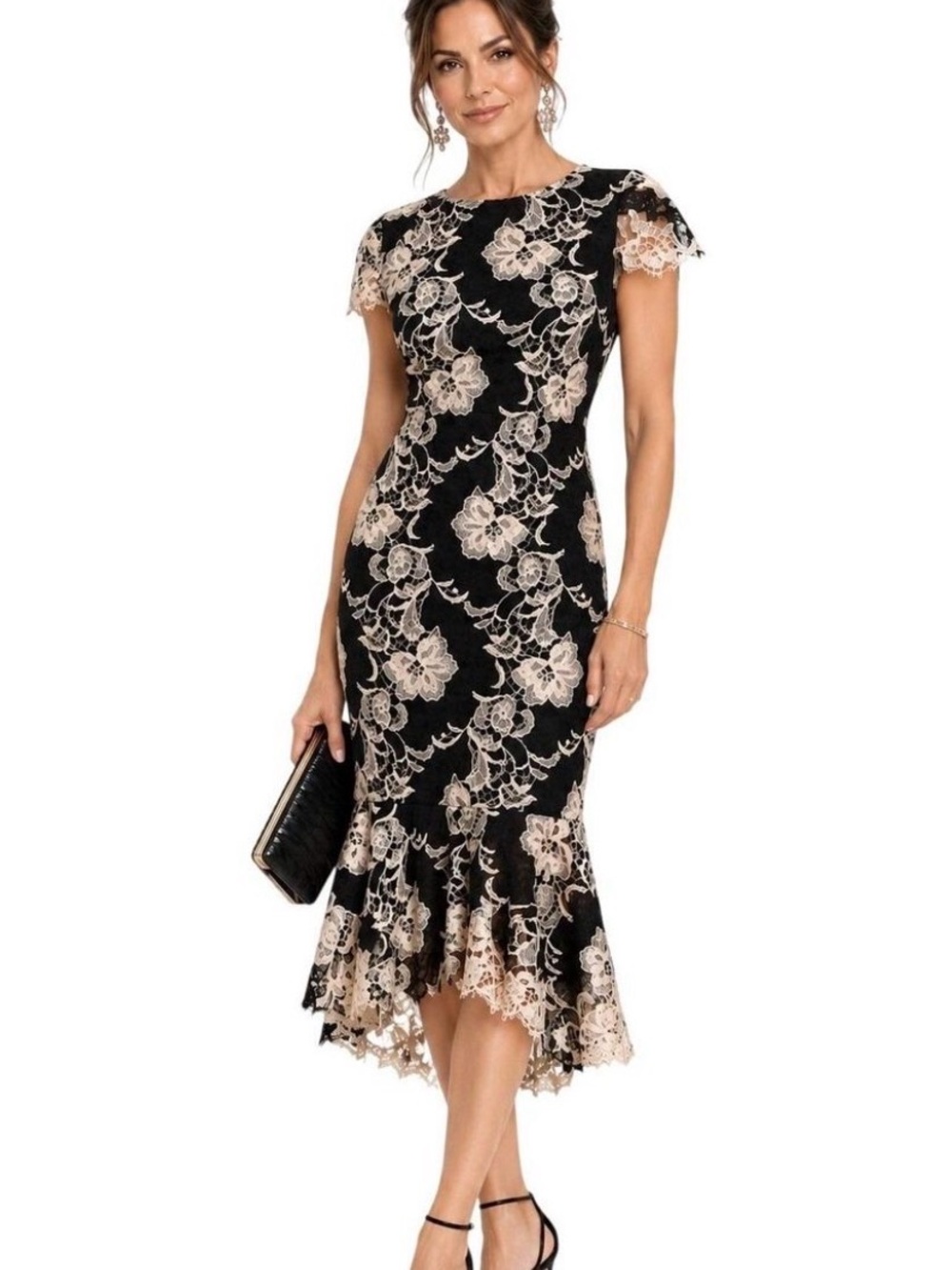 Alice + Olivia Cleora Black Lace Midi Flounce Dress Cream Floral (Orig $495)